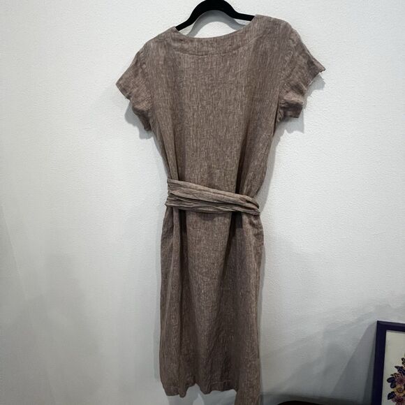 Len.Ok Linen Long Dress Tan Lagenlook Belted Waist Midi, Size L Altered Read - Picture 6 of 8
